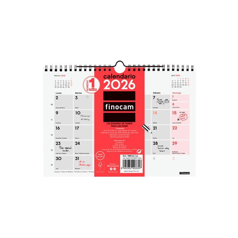 780160026 FINOCAM CALENDARIO DE PARED PARA ESCRIBIR S-210X150MM MV NEUTRO 2026