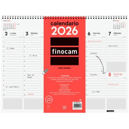 780260026 FINOCAM VADE CALENDARIO ESPIRAL SOBREMESA 420X310MM SVV NEUTRO 2026