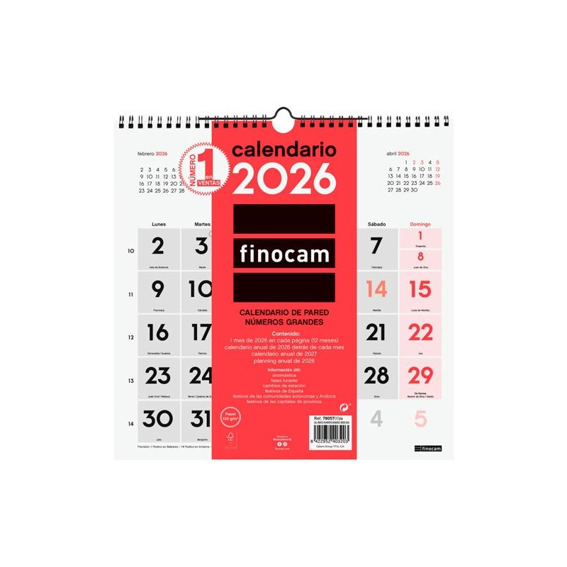 780570026 FINOCAM CALENDARIO DE PARED NÚMEROS GRANDES 30X30-300X300MM MV NEUTRO 2026