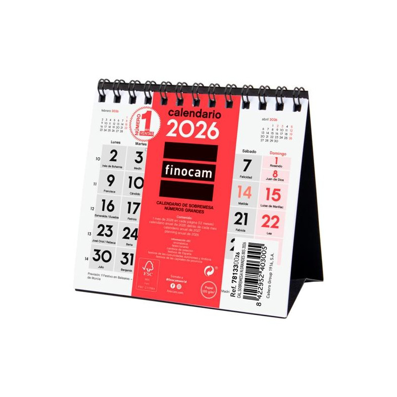 781330026 FINOCAM CALENDARIO DE SOBREMESA NÚMEROS GRANDES XXS-110X100MM MV NEUTRO 2026