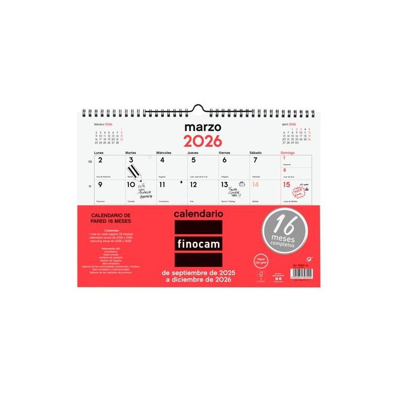 782020026 FINOCAM CALENDARIO DE PARED 16 MESES L-340X240MM MV NEUTRO 2025-2026
