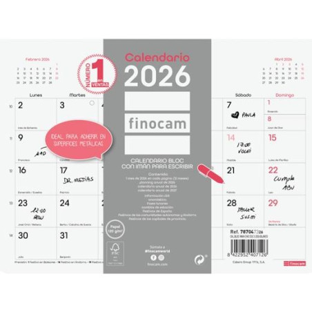 787047326 FINOCAM CALENDARIO BLOC CON IMÁN PARA ESCRIBIR S-210X150MM MV CHIC BLANCO 2026