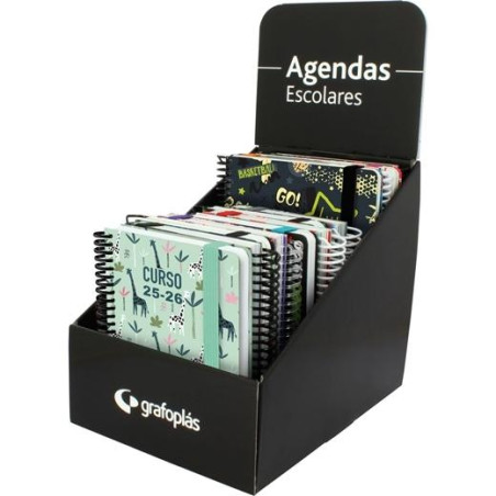 705346 GRAFOPLÁS AGENDAS ESCOLARES A6 DP ESPIRAL TAPA FORRADA SOFT SURTIDO DISEÑO EXPOSITOR 12 UD