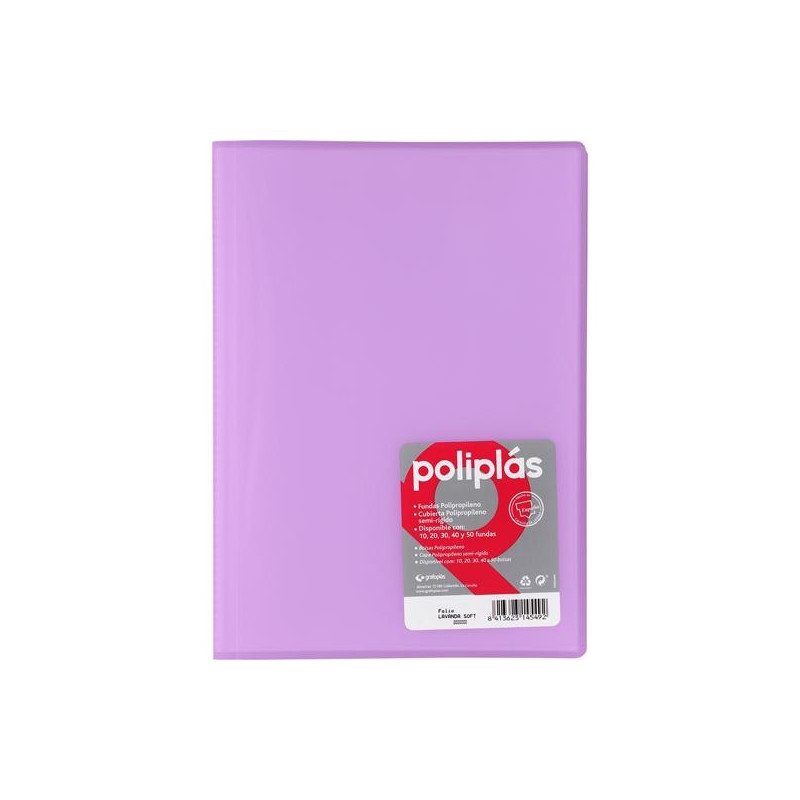 01431295 GRAFOPLÁS CARPETA CON FUNDAS POLIPLÁS SOLDADAS FOLIO 10 FUNDAS PP SEMIRÍGIDO TRANSLÚCIDO LAVANDA SOFT