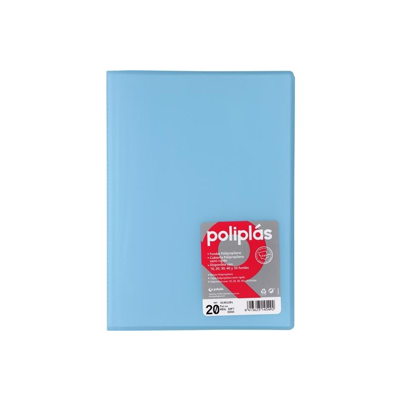 01451291 GRAFOPLÁS CARPETA CON FUNDAS POLIPLÁS SOLDADAS FOLIO 20 FUNDAS PP SEMIRÍGIDO TRANSLÚCIDO AZUL SOFT