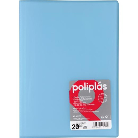 01451291 GRAFOPLÁS CARPETA CON FUNDAS POLIPLÁS SOLDADAS FOLIO 20 FUNDAS PP SEMIRÍGIDO TRANSLÚCIDO AZUL SOFT