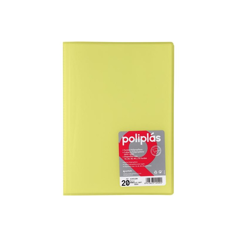 01451294 GRAFOPLÁS CARPETA CON FUNDAS POLIPLÁS SOLDADAS FOLIO 20 FUNDAS PP SEMIRÍGIDO TRANSLÚCIDO AMARILLO SOFT