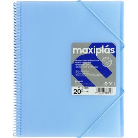 39832091 GRAFOPLÁS CARPETA CON FUNDAS MAXIPLÁS ESPIRAL A4 20 FUNDAS C/SOBRE PP RÍGIDO TRANSLÚCIDO AZUL SOFT
