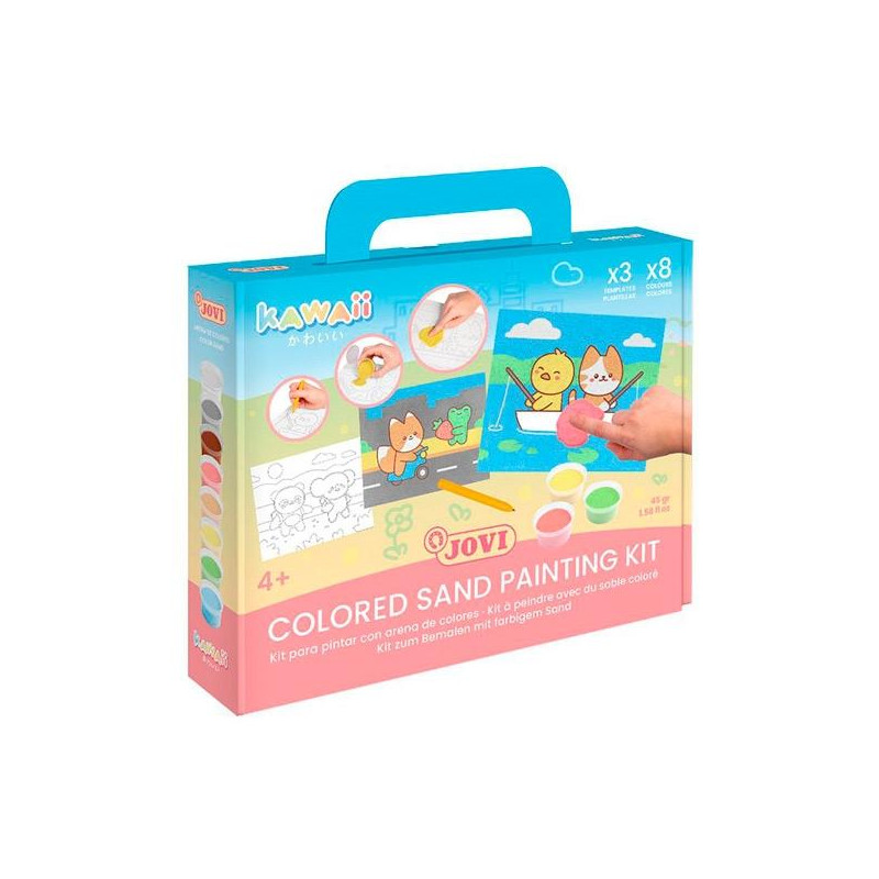 KW2101 JOVI KIT KAWAII PINTA CON ARENA DE COLORES CON 8 BOTES 45GR SURTIDOS + 3 LÁMINAS + PUNZÓN