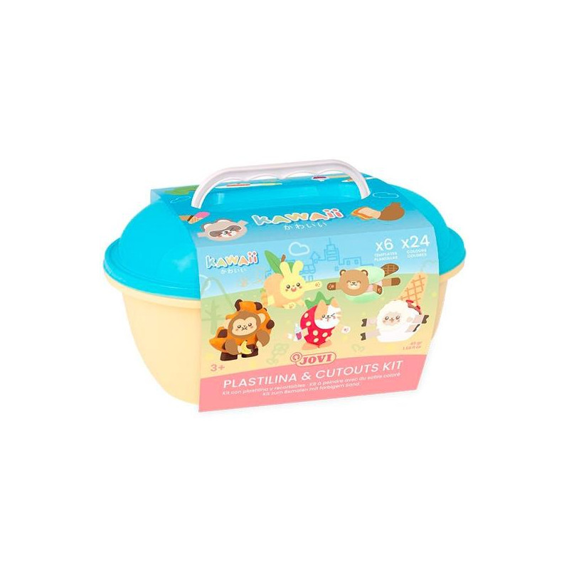 KW2203 JOVI COFRE KAWAII 24 PASTILLAS PLASTILINA 15GR + TROQUELADO0S + 3 ESPÁTULAS DE COLORES