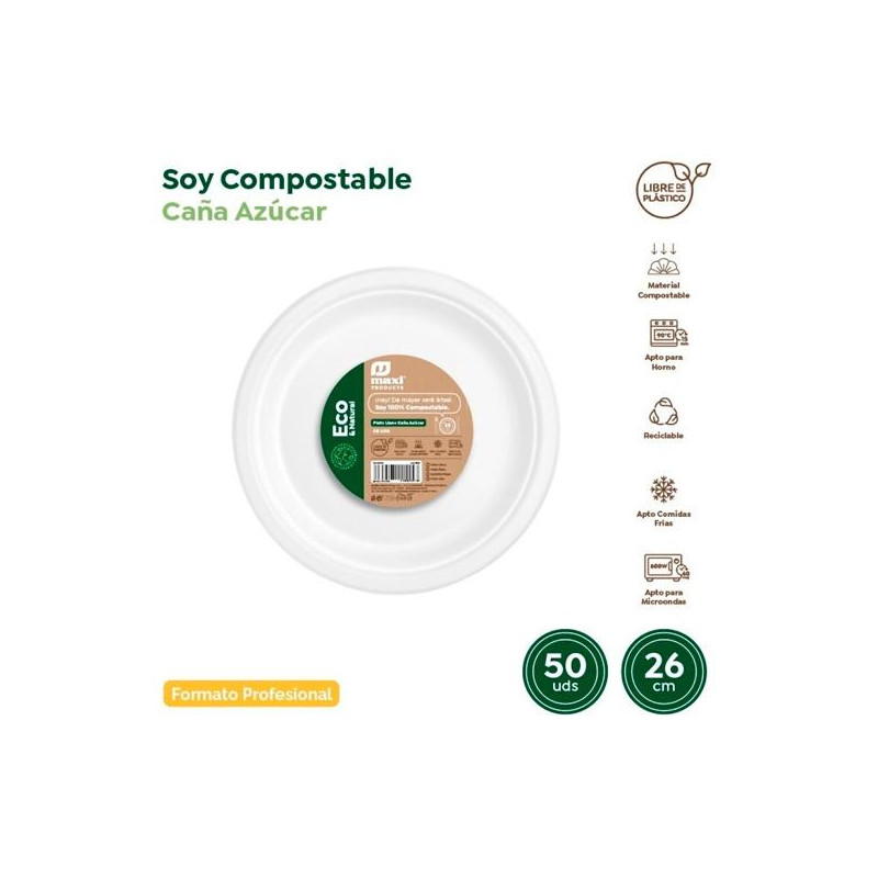 30502 MAXI PRODUCTS PLATO LLANO COMPOSTABLE Ø26CM CAÑA DE AZÚCAR BLANCO PACK 50 UD