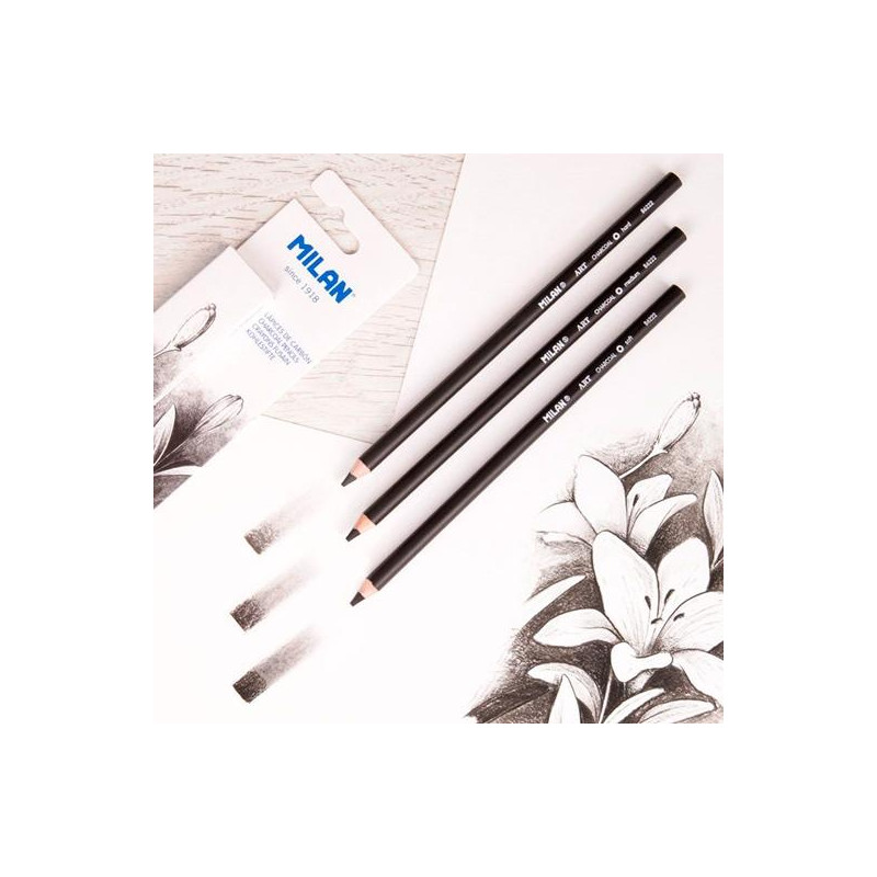 07B622203 MILAN LÁPICES DE CARBONCILLO ART MINA GRUESA Ø4MM CAJA 3 UD NEGRO