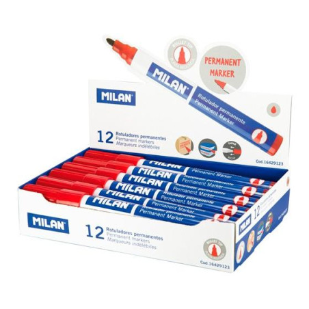 16429123 MILAN ROTULADOR PERMANENTE PUNTA REDONDA Ø4MM ROJO CAJA 12 UD