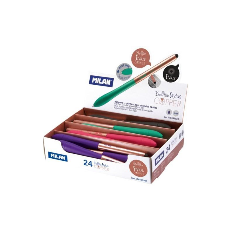 176593924 MILAN BOLÍGRAFO STYLUS COPPER CON PUNTERO AZUL 4 COLORES SURTIDOS EXPOSITOR -24U-