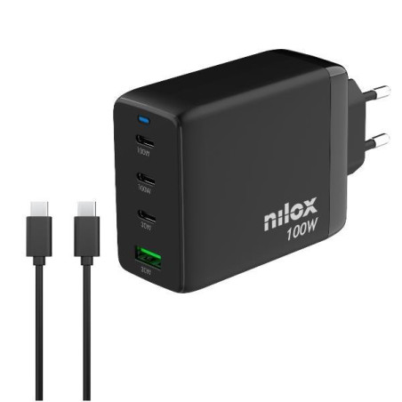 NXGANUSBC100 NILOX CARGADOR UNIVERSAL GAN 100W 4 PUERTOS Y CABLE USB-C A ESB-C DE 2 METROS NEGRO
