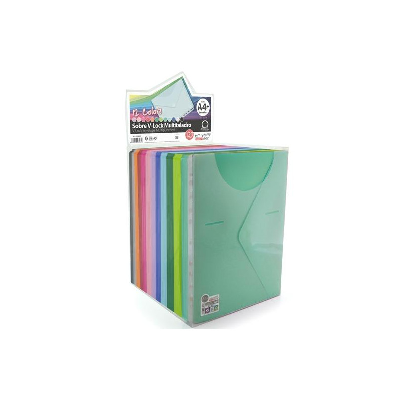 35311 OFFICE BOX SOBRE BROCHE COLORLINE A4+/FOLIO MULTITALADRO CIERRE V-LOCK PP C/SURTIDOS EXPOSITOR 120 UD