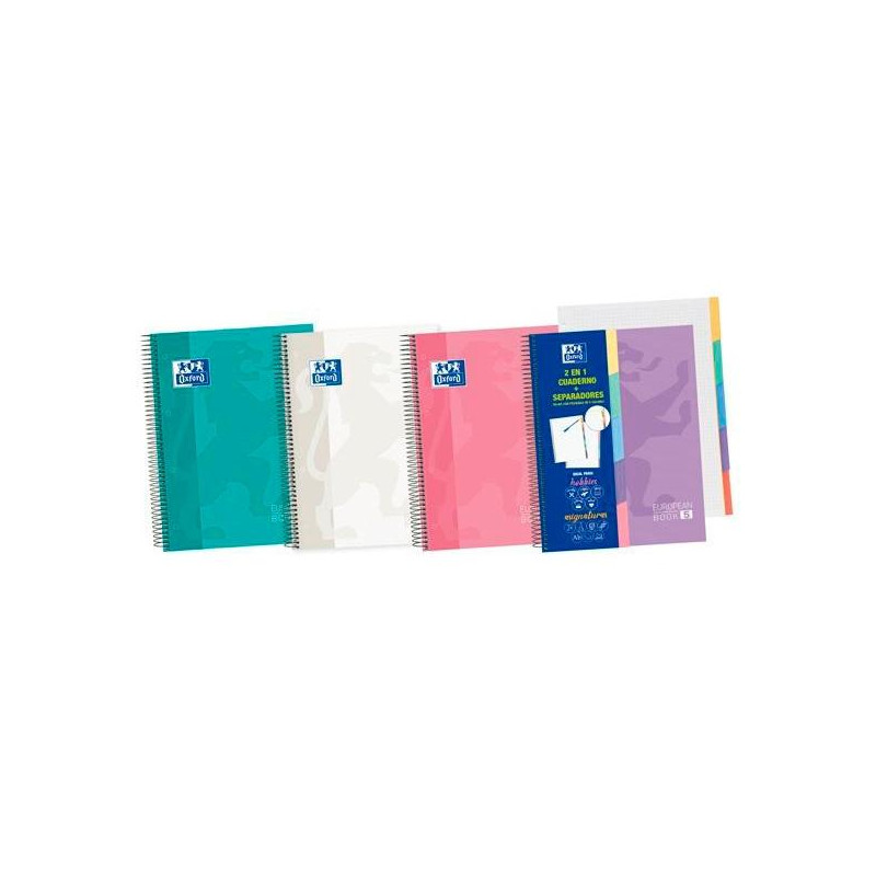 400135623 OXFORD CUADERNO EUROPEANBOOK 5 CLASSIC PESTAÑAS MICROPERFORADO 100H A5+ 5X5 5 T/EXTRADURA  C/SURTIDOS PASTEL