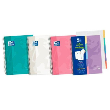 400135623 OXFORD CUADERNO EUROPEANBOOK 5 CLASSIC PESTAÑAS MICROPERFORADO 100H A5+ 5X5 5 T/EXTRADURA  C/SURTIDOS PASTEL
