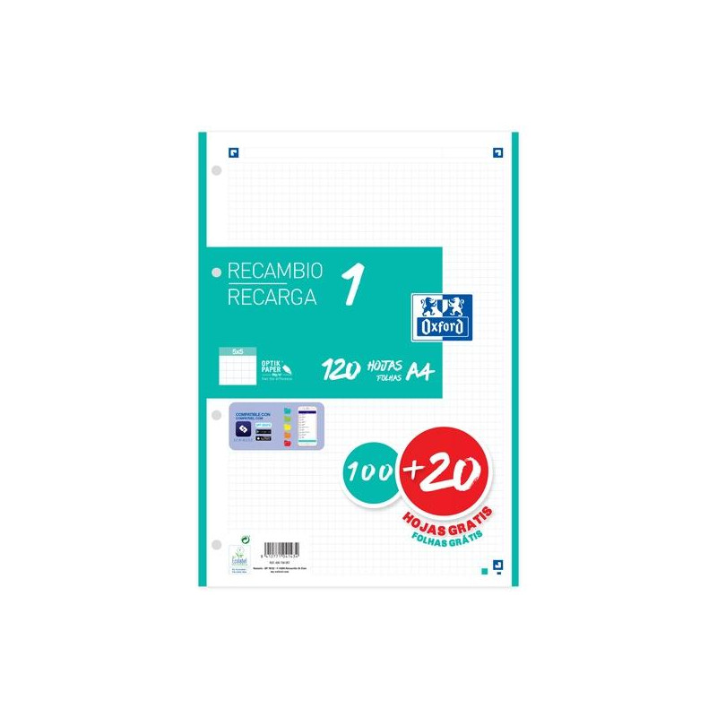 400158057 OXFORD RECAMBIO CLASSIC 120 HOJAS A4 SUELTAS 90GR 5X5MM 4 TALADROS 1 BANDA COLOR ICE MINT
