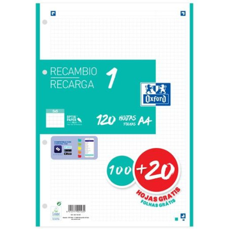400158057 OXFORD RECAMBIO CLASSIC 120 HOJAS A4 SUELTAS 90GR 5X5MM 4 TALADROS 1 BANDA COLOR ICE MINT
