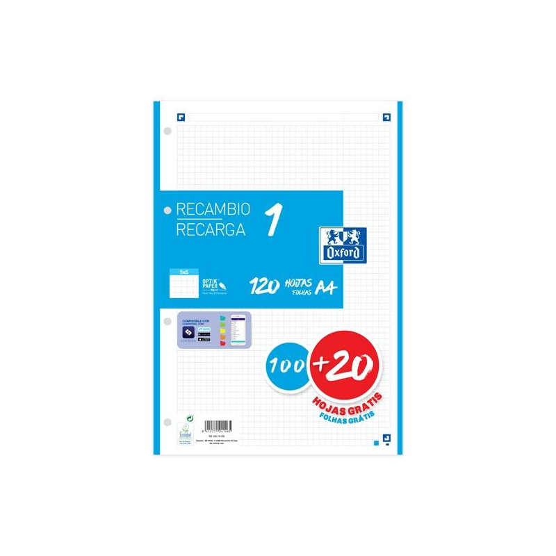 400158058 OXFORD RECAMBIO CLASSIC 120 HOJAS A4 SUELTAS 90GR 5X5MM 4 TALADROS 1 BANDA COLOR AZUL TURQUESA