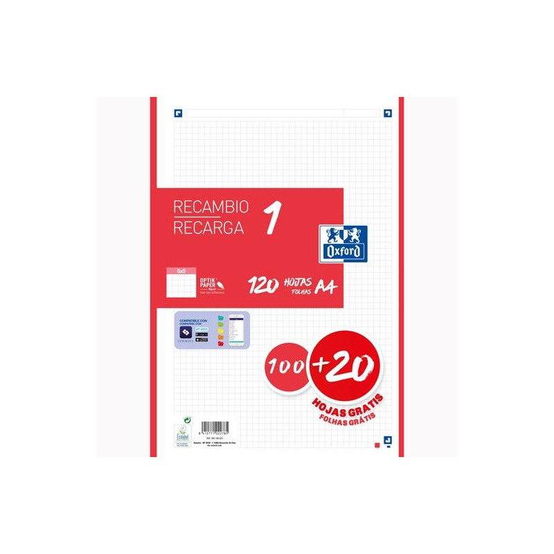 400158162 OXFORD RECAMBIO CLASSIC 120 HOJAS A4 SUELTAS 90GR 5X5MM 4 TALADROS 1 BANDA COLOR ROJO