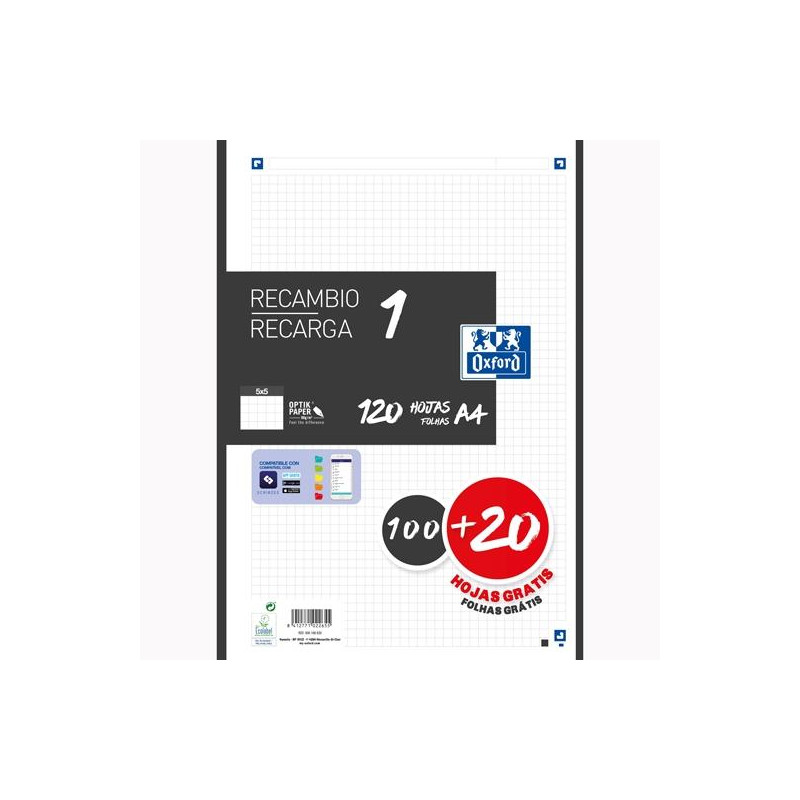 400158165 OXFORD RECAMBIO CLASSIC 120 HOJAS A4 SUELTAS 90GR 5X5MM 4 TALADROS 1 BANDA COLOR NEGRO