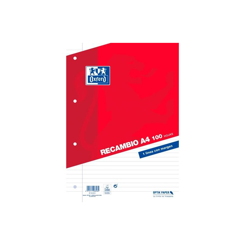 400173743 OXFORD RECAMBIO CLASSIC 100H A4 SUELTAS 1 LÍNEA C/MARGEN 4 TALADROS ROJO