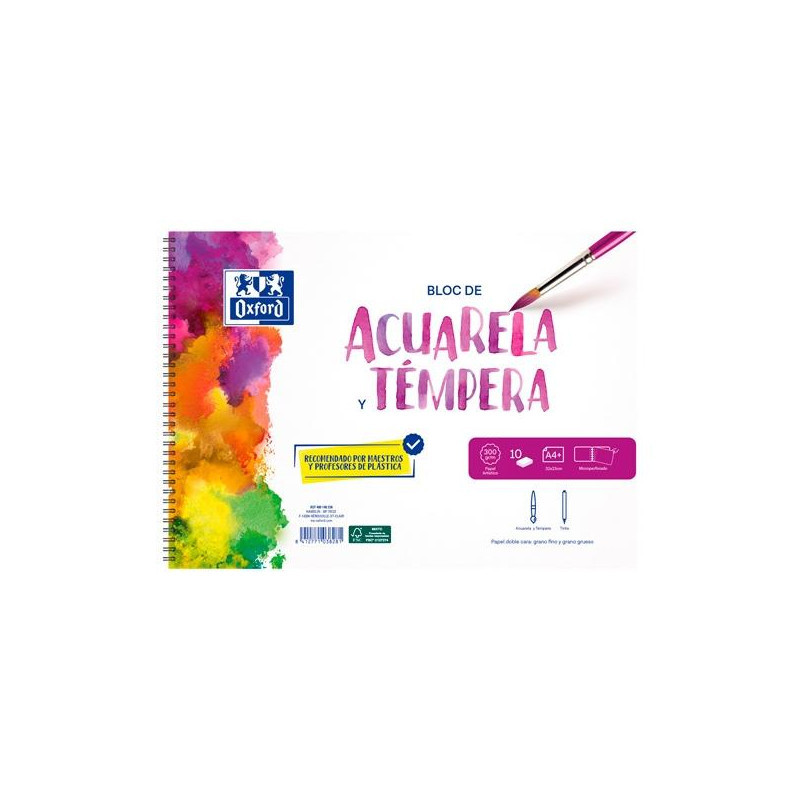 400197384 OXFORD PACK BLOC ACUARELA + 2 PINCELES 10H A4+ 300GR MICROPERFORADO
