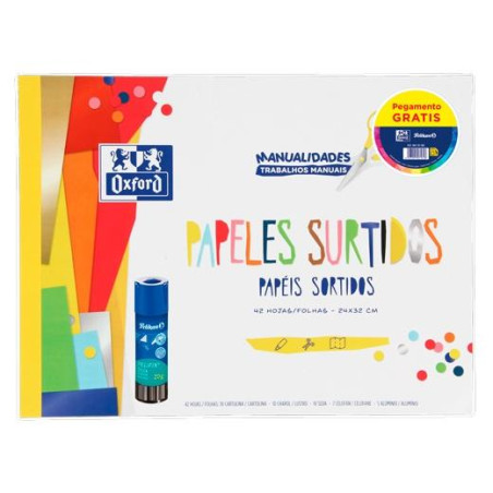 400197385 OXFORD PACK BLOC PAPELES SURTIDOS MANUALIDADES + PEGAMENTO PELIFIX 20G