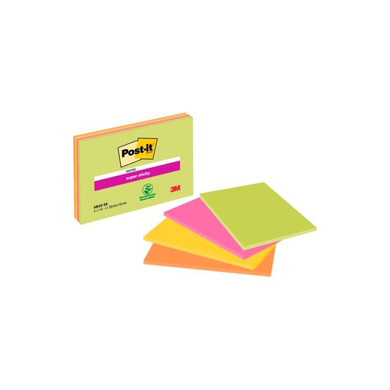 7100234637 POST-IT BLOC NOTAS PARA REUNIONES SUPER STICKY BLOC 45H 203X152MM C/SURTIDOS NEÓN PACK 4 UD