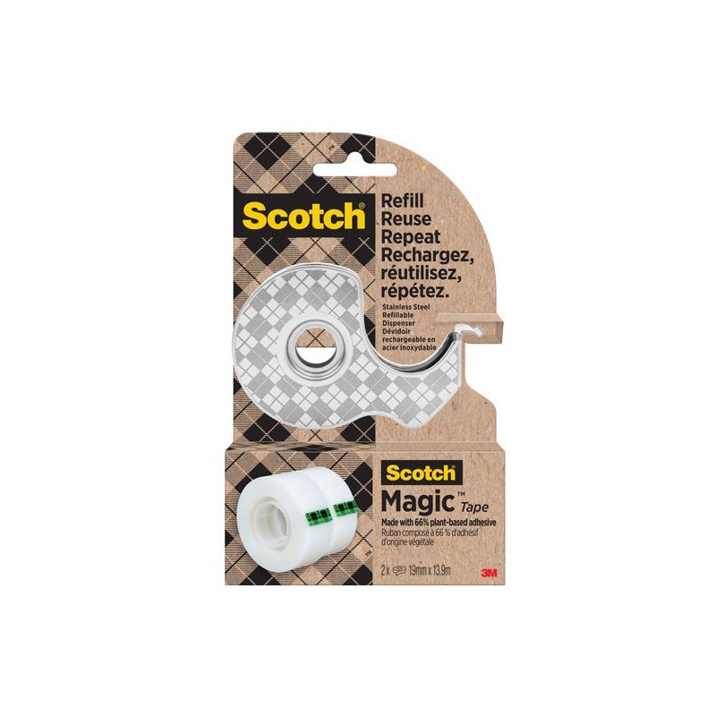7100334048 SCOTCH DISPENSADOR DE ACERO INOXIDABLE RECARGABLE PARA CINTA ADHESIVA + 2 ROLLOS DE 19MMX13