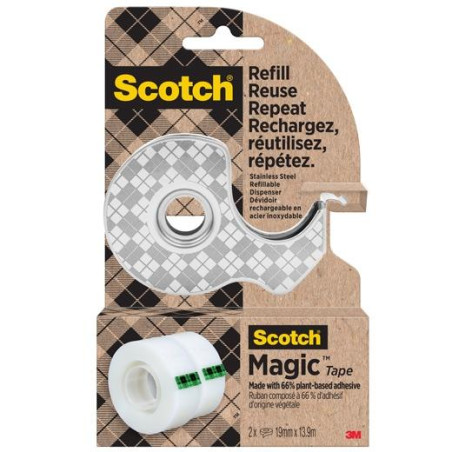 7100334048 SCOTCH DISPENSADOR DE ACERO INOXIDABLE RECARGABLE PARA CINTA ADHESIVA + 2 ROLLOS DE 19MMX13