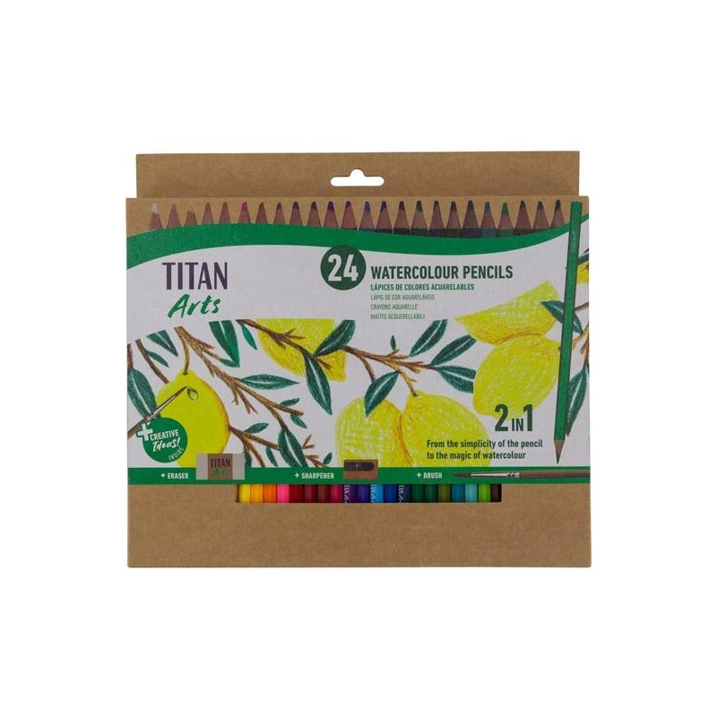 130120024 TITAN ARTS LÁPICES DE COLORES ACUARELABLES SURTIDOS ESTUCHE 24 UD + PINCEL + GOMA + SACAPUNTAS
