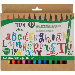 130500012 TITAN ARTS ROTULADORES DOBLE PUNTA FINA/PINCEL COLORES SURTIDOS ESTUCHE 12 UD