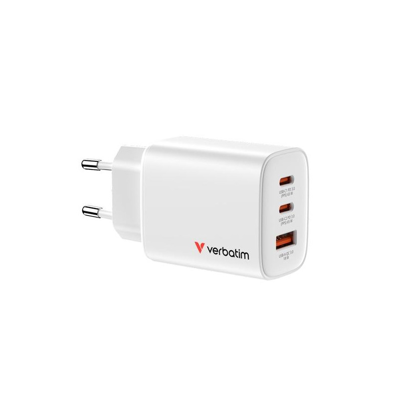 32353 VERBATIM CARGADOR PARED GAN ESSENTIALS  65W 2XUSB-C 3.0 Y 1XUSB-A BLANCO