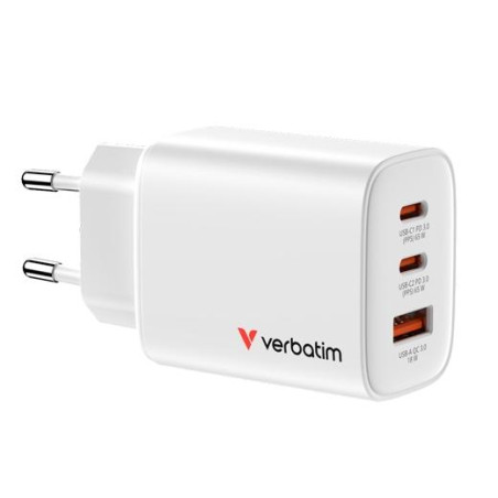32353 VERBATIM CARGADOR PARED GAN ESSENTIALS  65W 2XUSB-C 3.0 Y 1XUSB-A BLANCO