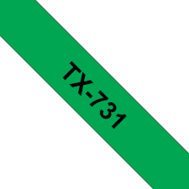 Brother TX731 cinta laminada compatible texto negro sobre fondo verde. Ancho: 12 mm. Longitud: 15 m