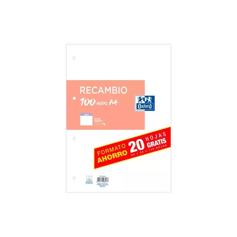 100430209 OXFORD RECAMBIO PAQUETE A4 80H + 20H GRATIS LISO