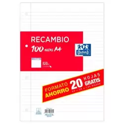 100430210 OXFORD RECAMBIO PAQUETE A4 80H + 20H GRATIS 1 LÍNEA CON MARGEN