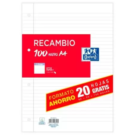 100430210 OXFORD RECAMBIO PAQUETE A4 80H + 20H GRATIS 1 LÍNEA CON MARGEN