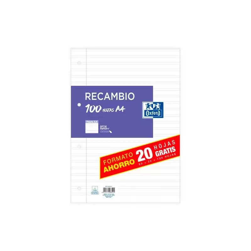 100430211 OXFORD RECAMBIO PAQUETE A4 80H + 20H GRATIS PAUTA 3