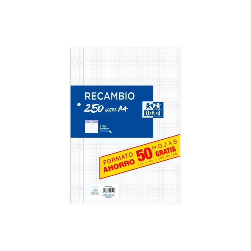 400207629 OXFORD RECAMBIO PAQUETE A4 200H + 50H GRATIS 4X4 CON MARGEN