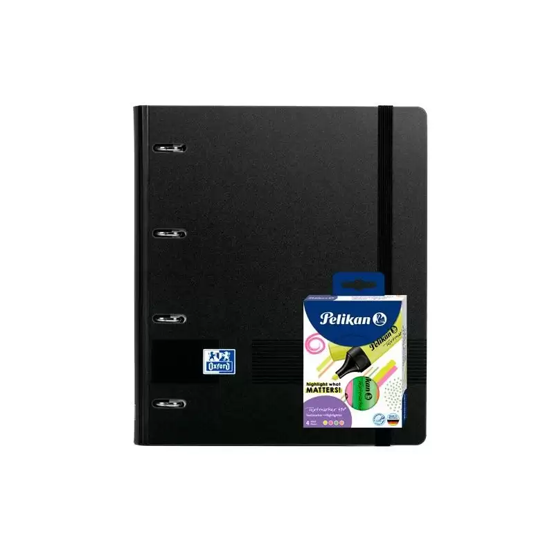 400205943 OXFORD PACK EUROPEANBINDER LIVE&GO A4+ CON RECAMBIO 5X5 TAPA PLÁSTICO NEGRA + 4 RESALTADORES TEXTMARKER NEÓN SURTIDOS