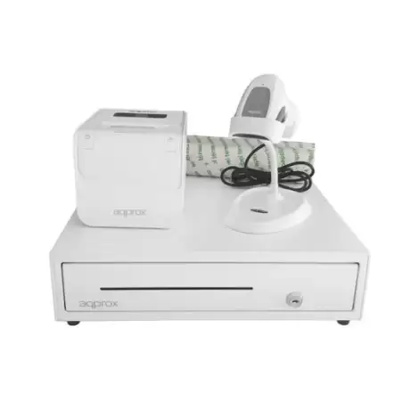 APPPOSPACK4180WH AQPROX KIT TPV CAJON PORTAMONEDAS NEGRO + LECTOR/SCANNER + IMPRESORA TERMICA + PACK ROLLOS PAPEL BLANCO