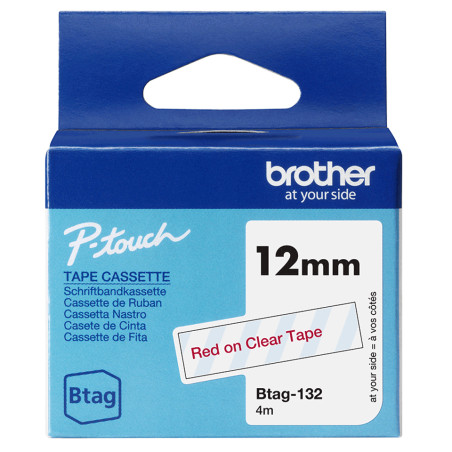 BTAG132 BROTHER Cinta domestica Btag 132 rojo sobre trasparente. Ancho: 12 mm. Longitud: 4 m