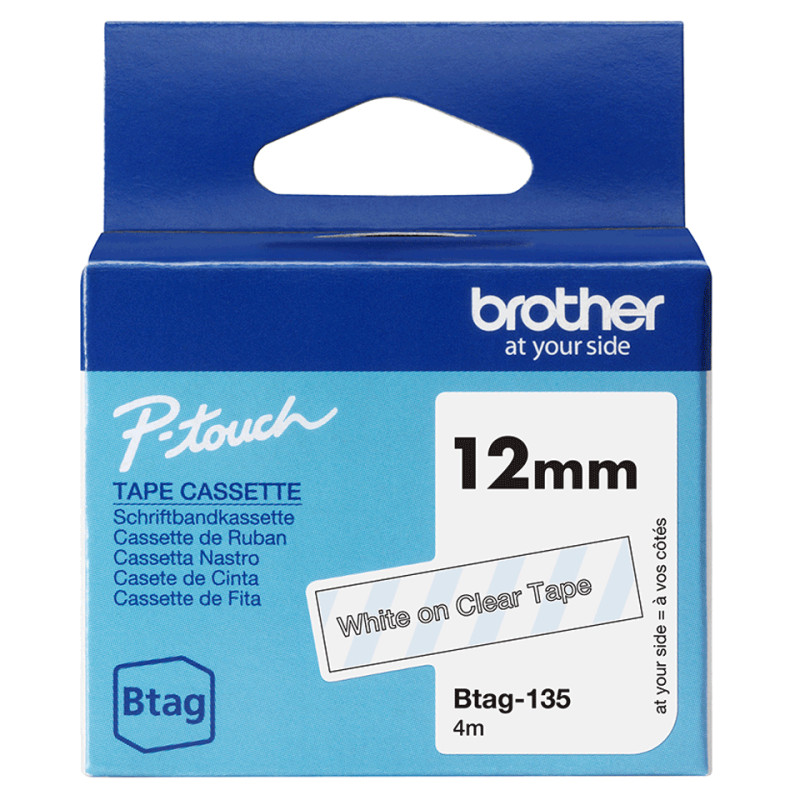 BTAG135 BROTHER Cinta domestica Btag 135 blanco sobre trasparente. Ancho: 12 mm. Longitud: 4 m
