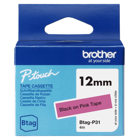 BTAGP31 BROTHER Cinta domestica Btag P31 negro sobre rosa. Ancho: 12 mm. Longitud: 4 m