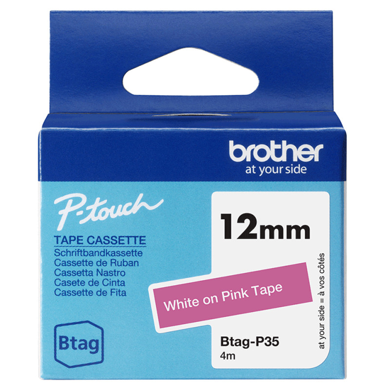 BTAGP35 BROTHER Cinta domestica Btag P35 blanco sobre rosa. Ancho: 12 mm. Longitud: 4 m