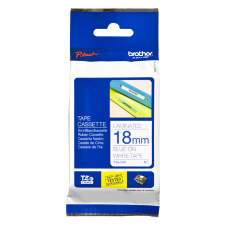 TZE243 BROTHER Cinta laminada blanco/azul 18mm